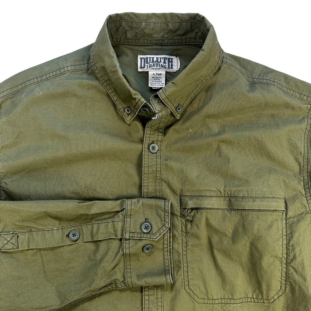 Duluth Trading Co Mens L Tall Olive Green Organic Cotton Stretch Utility Shirt